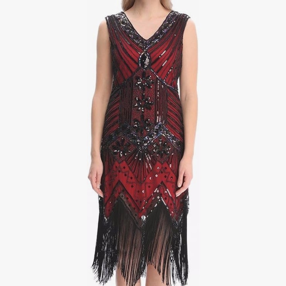 1920s style Red and Black Beaded Flapper Dress